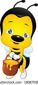 Cute bee holding honey in a bucket