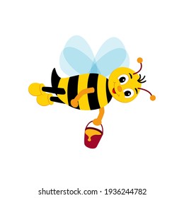 Cute bee holding honey. happy cartoon bee flying with bucket of honey. Smiling cartoon character bee. Vector illustration isolated on white background. 