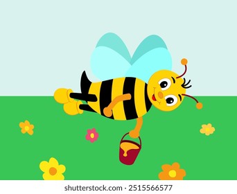 Cute bee holding honey. happy cartoon bee flying with bucket of honey. Smiling cartoon character bee. Vector illustration isolated on white background.