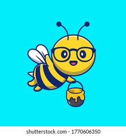 Cute Bee Holding Jar of Honey Cartoon Vector Icon Illustration. Animal Nature Icon Concept Isolated Premium Vector. Flat Cartoon Style