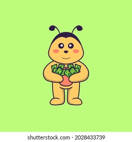 Cute bee holding money. Animal cartoon concept isolated. Can used for t-shirt, greeting card, invitation card or mascot.