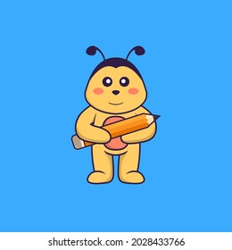 Cute bee holding a pencil. Animal cartoon concept isolated. Can used for t-shirt, greeting card, invitation card or mascot.