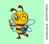 Cute Bee Holding Pencil and Book – Fun Educational Cartoon Character Illustration