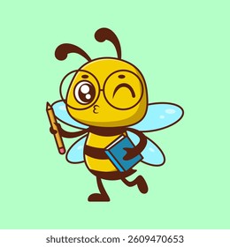 Cute Bee Holding Pencil and Book – Fun Educational Cartoon Character Illustration