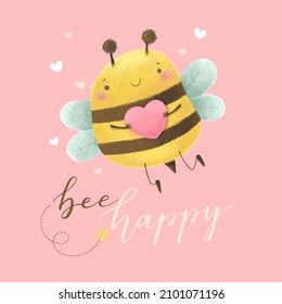 Cute bee holding pink heart with quote bee happy on pink background. Valentines Day card.