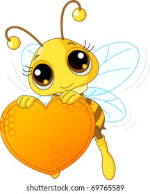 Cute bee holding a sweet  heart with place for copy/text