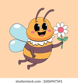 Cute bee holding white flower cartoon