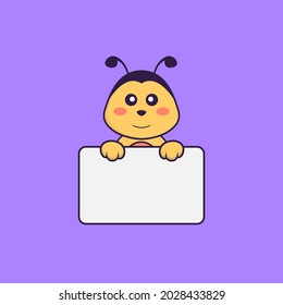 Cute bee holding whiteboard. Animal cartoon concept isolated. Can used for t-shirt, greeting card, invitation card or mascot.