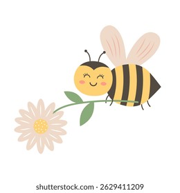 Cute bee holds a chamomile and flies. Vector illustration isolated on white background.