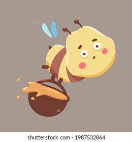 Cute bee with honey bucket vector cartoon character isolated on background.