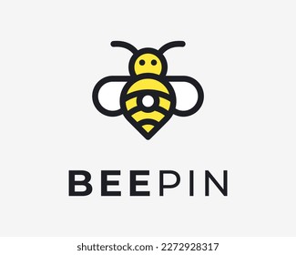 Cute Bee Honey Bumblebee Pin Map Position Gps Funny Cartoon Simple Illustration Vector Logo Design
