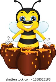 Cute bee with honey isolated on white background