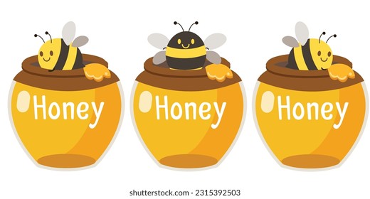 Cute bee and honey jar in flat vector style. Graphic resource about nature for background, graphic, content, banner, sticker.