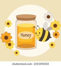 Cute bee and honey jar and flower in flat vector style. Graphic resource about nature for background, graphic, content, banner, sticker.