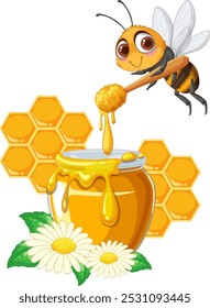 Cute bee with honey jar and flowers