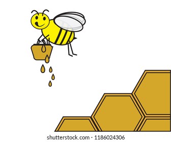 Cute bee with Honey jar and honeycomb background 