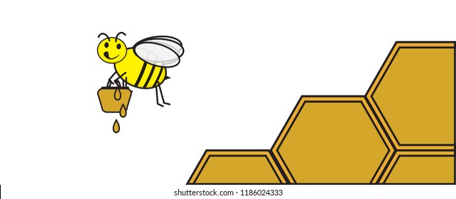 Cute bee with Honey jar and honeycomb background horizontal banner