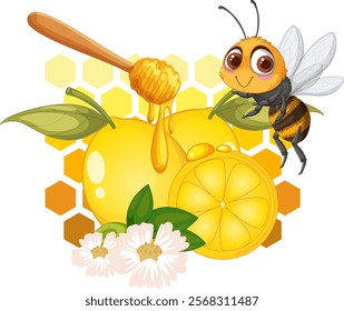 Cute bee with honey, lemon, and flowers