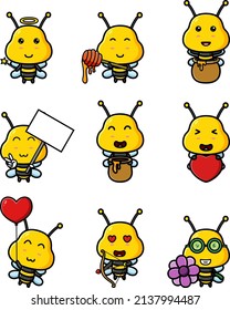 The cute bee with the honey of the mascot bundle set of illustration