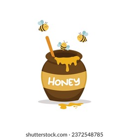 Cute bee ,Honey pot and wooden dipper icon isolated on white background. Vector illustration.