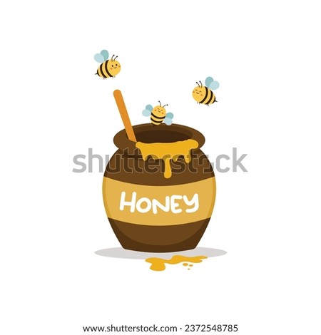 Cute bee ,Honey pot and wooden dipper icon isolated on white background. Vector illustration.