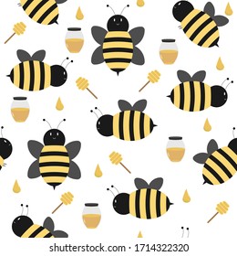 Cute Bee and Honey seamless pattern wallpaper isolated in white color.