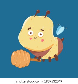 Abeja linda con personaje de dibujos animados vectores de palo de miel aislado en el fondo.