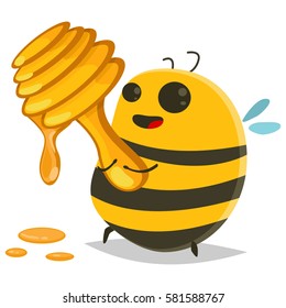 Cute bee and honey stick . Vector cartoon illustration isolated on white background.