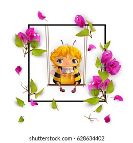 Cute bee with honey and tropical flowers Bougainvillea in a frame. Animated character. Isolated, on white background. Advertising honey. 3d. Vector illustration EPS10