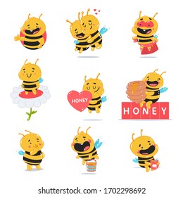 Cute bee with honey vector cartoon characters set isolated on a white background.