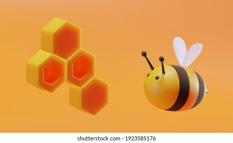 Cute bee with honeycomb in cartoon style. 3D illustration. Vector.