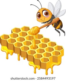 Cute bee with honeycomb and dripping honey