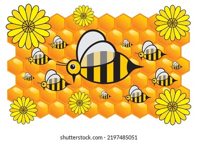 Cute bee and honeycomb. Honey bee vector illustration. Hexagonal honeycomb in yellow
