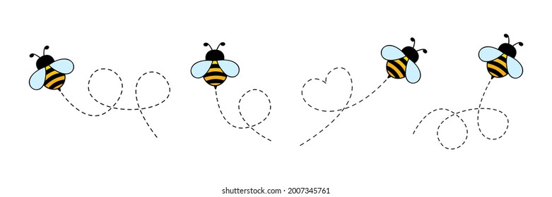 Cute bee icon set. Bees flying on a dotted route collection. Isolated on white background. Cartoon vector illustration.