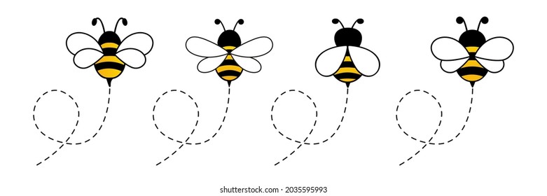 Juego de iconos de abejas. Abejas volando en una colección de rutas punteadas. Aislado sobre fondo blanco. Ilustración vectorial de dibujos animados.