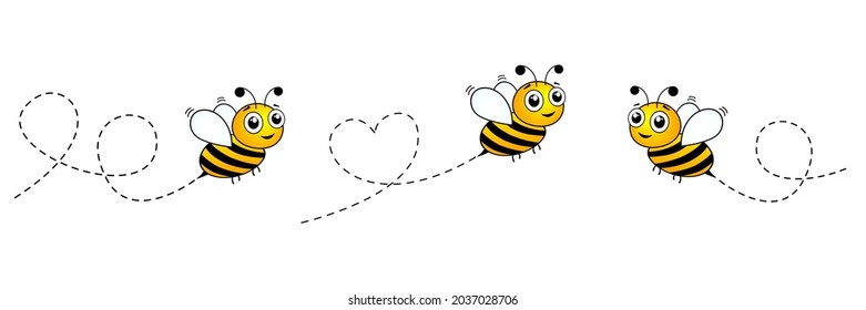 Juego de iconos de abejas. Abejas volando en una colección de rutas punteadas. Aislado sobre fondo blanco. Ilustración vectorial de dibujos animados.