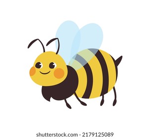 Icono de abeja. Pegatina para redes sociales, elemento gráfico para imprimir en ropa infantil. Moscas de insectos, producción de miel. Carácter encantador, símbolo laboral. Dibujo vectorial plano de dibujos animados