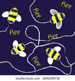 Cute bee insect motives seamless pattern for kids.Vector durk blue background 