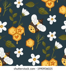 Cute bee insect summer seamless pattern background. Cartoon baby fly nature design with honey and daisy flower. Vector illustration sweet textile design.