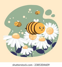 Cute bee insects flying on flowers Vector