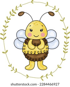 Cute bee inside an oval leaves border
