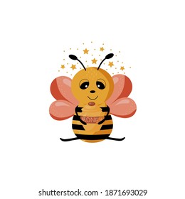 Cute bee isolated on a white background. Vector illustration of a bee holding a jar of honey