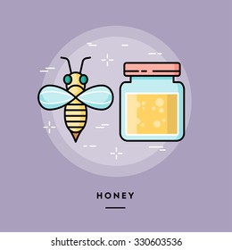 Cute bee and jar of honey, line flat design banner, vector illustration