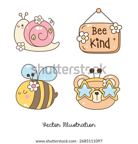 Cute Bee Kind Clipart Set, Kawaii Bee Snail Bear and Sign Illustration, Adorable Insect Animal Graphics, Pastel Digital Art