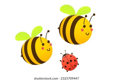 Cute bee, ladybug on white background. Set of summer insects.