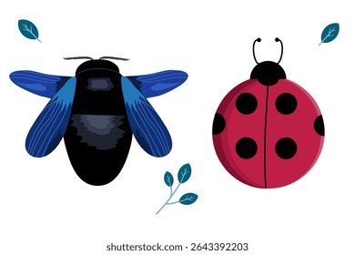 Cute Bee and ladybug. Vector illustration
