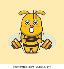 Cute bee lifting barbell. Cute cartoon animal illustration.