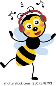 Cute bee listening music with headphones
