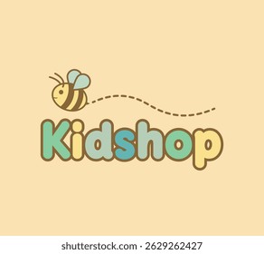 Cute bee logo. Adorable cartoon character logo for kids shop. Flying honey bee illustration. Minimal colorful logo with cute mascot. Cute cartoon drawing vector.