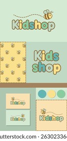 Cute bee logo. Adorable cartoon character logo for kids shop. Flying honey bee illustration. Minimal colorful logo with cute mascot. Cute cartoon drawing vector.
